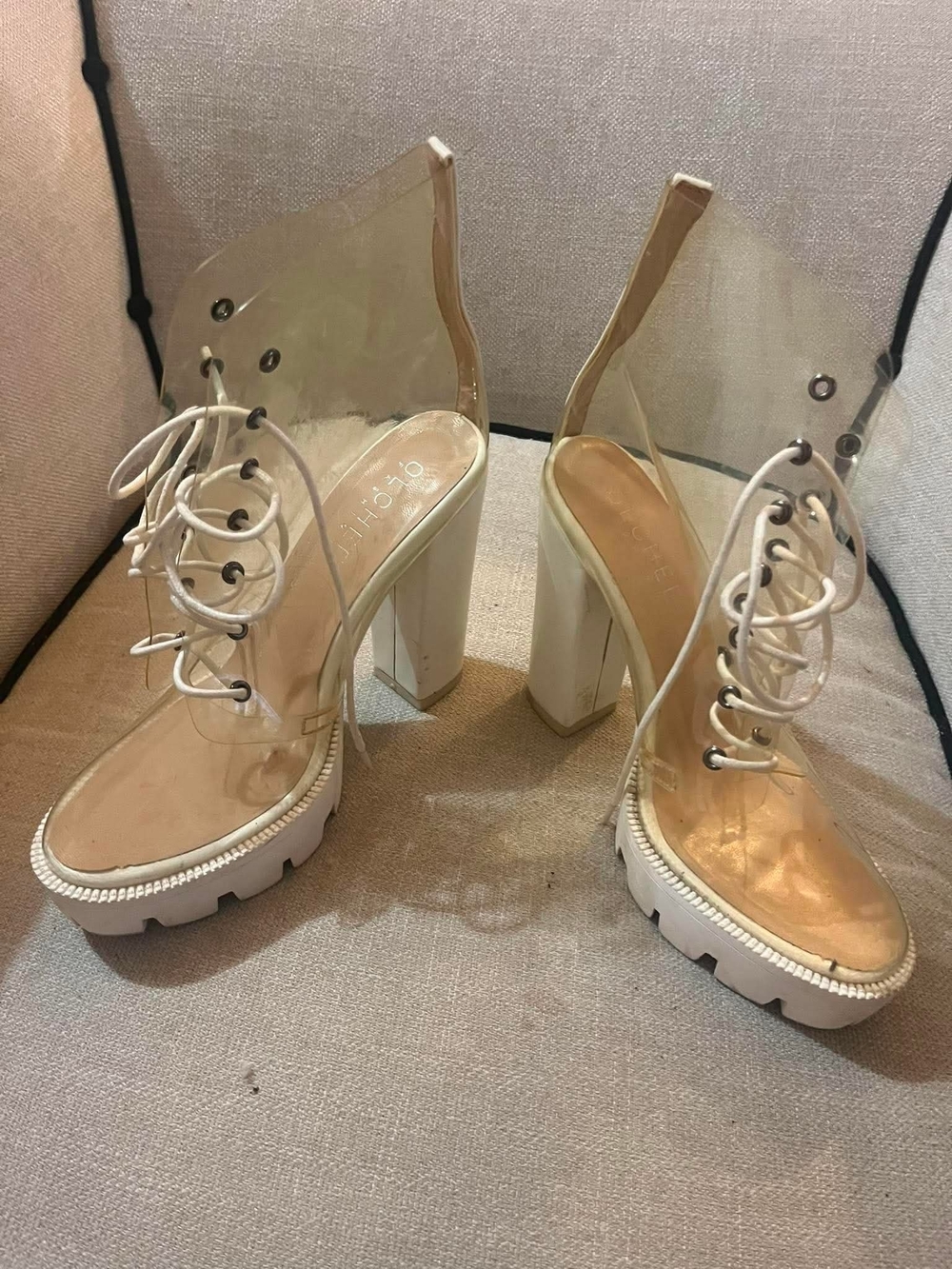 Olchee Clear Lace-Up Platform Heels in White